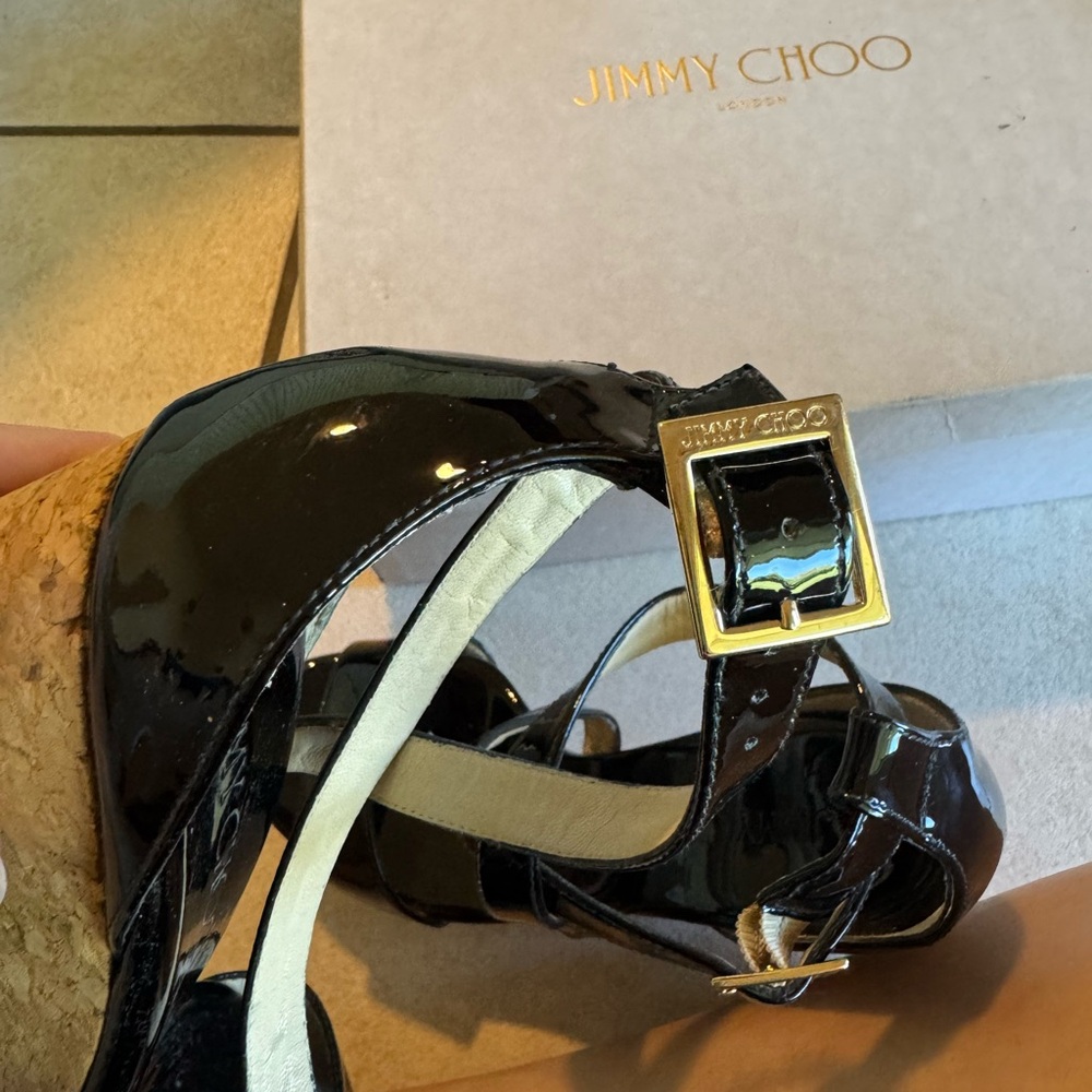 Jimmy Choo Portia Cork Wedge CrissCross Sandals - Black Patent - Picture 7 of 10